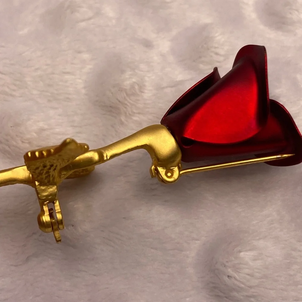 Vintage Red Rose Brooch with Gold Stem and Two Leaves